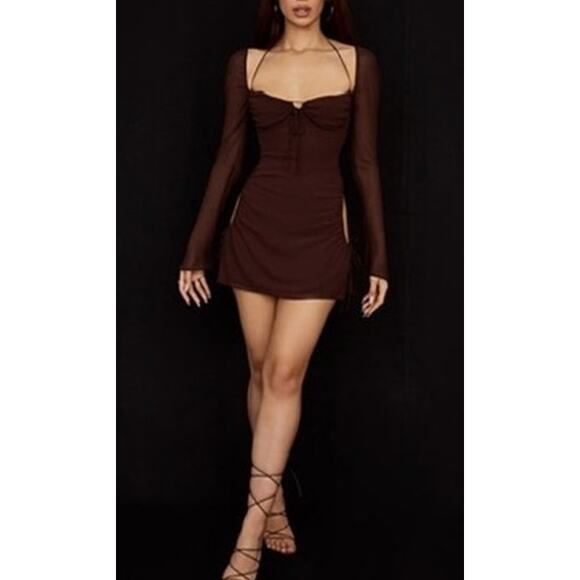 House of CB Baby Chocolate Chiffon Cutout Halter Mini Dress Size S Small - Picture 4 of 7